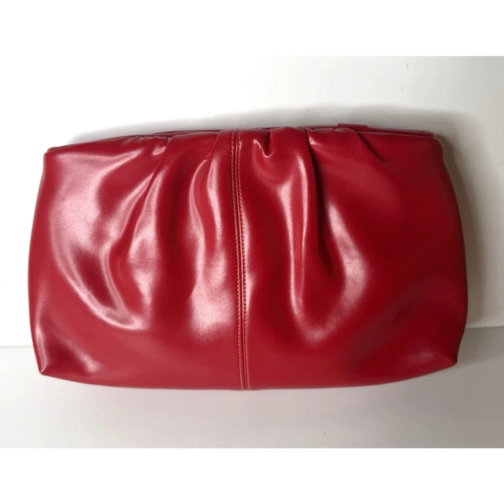 Red Ruched Faux Leather Shoulder Bag Clutch Purse Push Bar Evening Statement Y2K